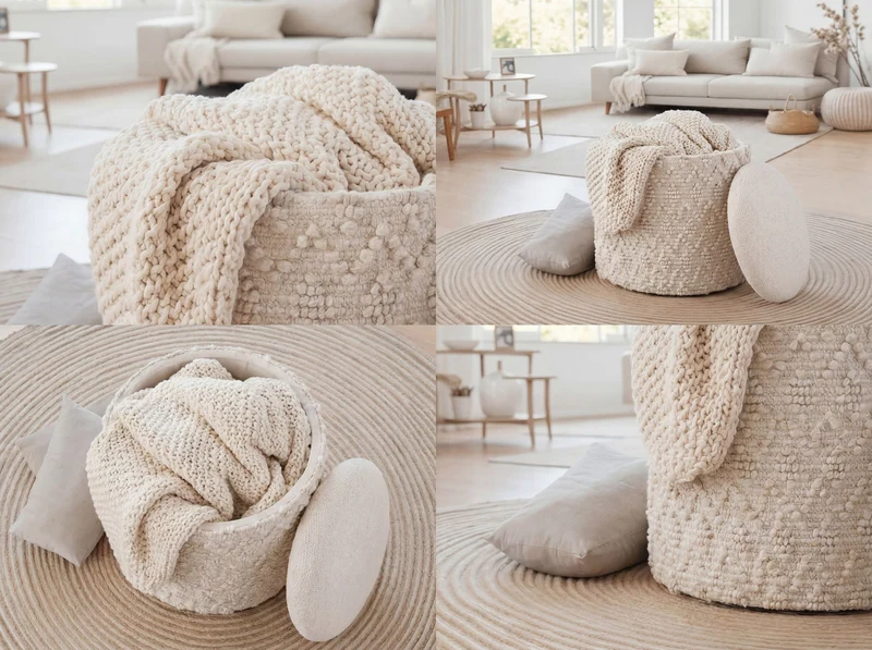 Sitz- & Fußhocker Boho mit Stauraum aus Wolle in Creme, 40 cm