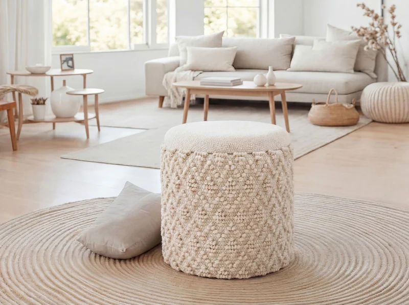 Sitz- & Fußhocker Boho mit Stauraum aus Wolle in Creme, 40 cm