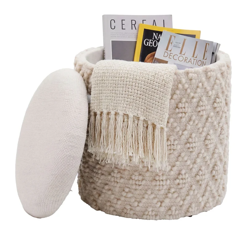Sitz- & Fußhocker Boho mit Stauraum aus Wolle in Creme, 40 cm