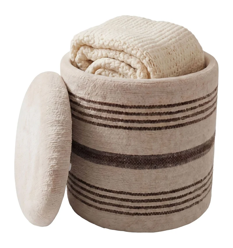 Sitzhocker mit Stauraum aus Wolle, Beige – Boho Fußhocker von Wohnling