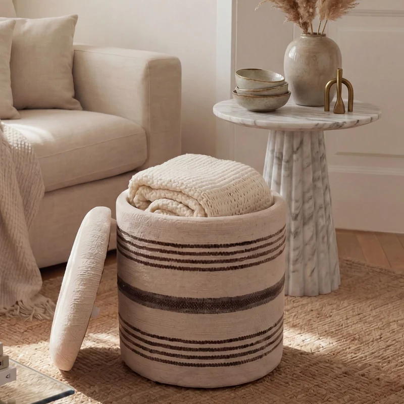 Sitzhocker mit Stauraum aus Wolle, Beige – Boho Fußhocker von Wohnling
