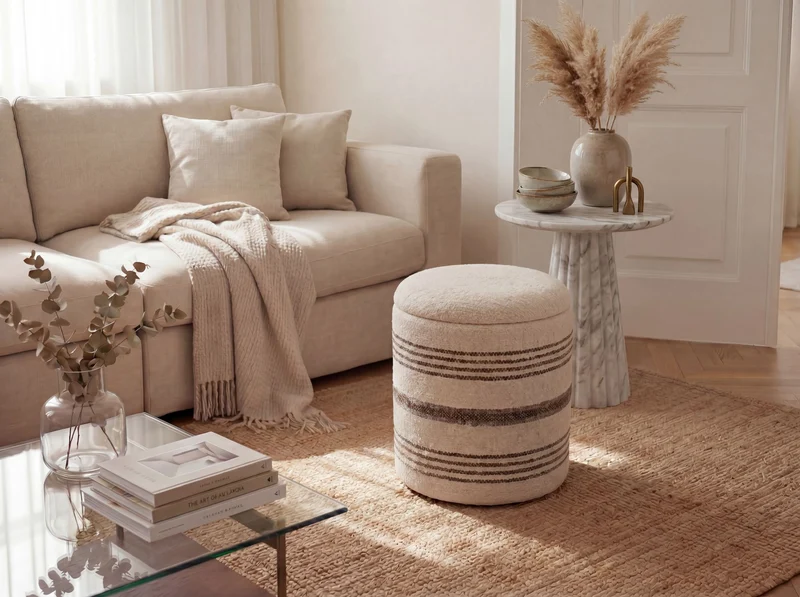 Sitzhocker mit Stauraum aus Wolle, Beige – Boho Fußhocker von Wohnling