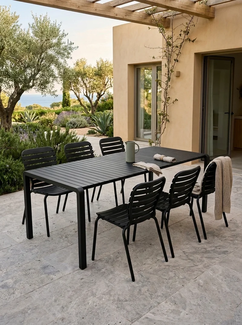 Gartenmöbel-Set Vondel mit Tisch und 6 Stühlen aus Aluminium, Schwarz