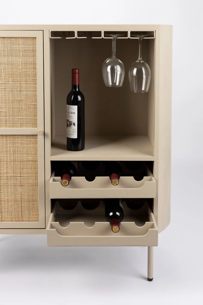 Weinschrank Amaya Low im Japandi-Stil mit Rattan-Tür, Beige, 90 cm