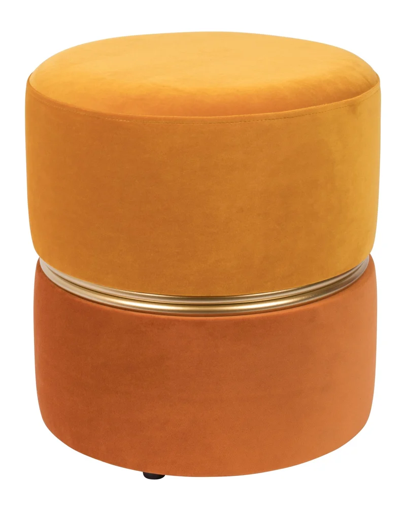 Hocker Bubbly Sun in Gelb mit Samtbezug und goldenem Ring, Ø35 cm