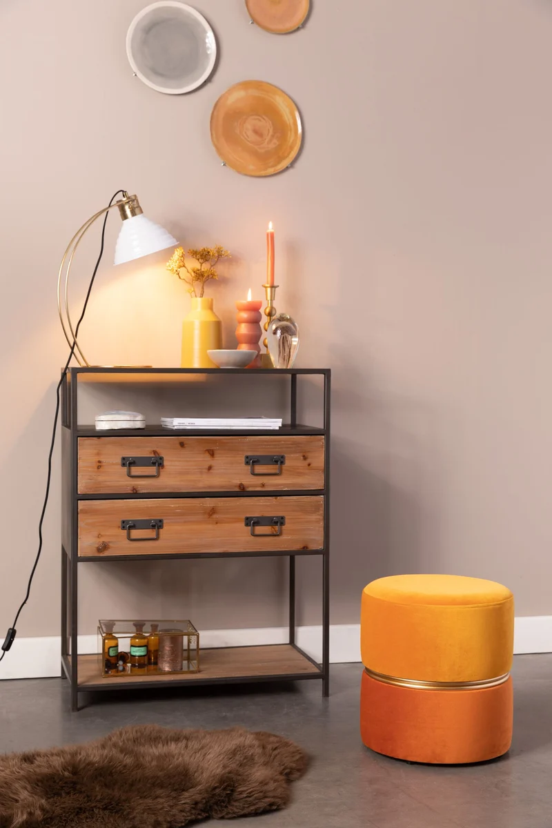 Hocker Bubbly Sun in Gelb mit Samtbezug und goldenem Ring, Ø35 cm