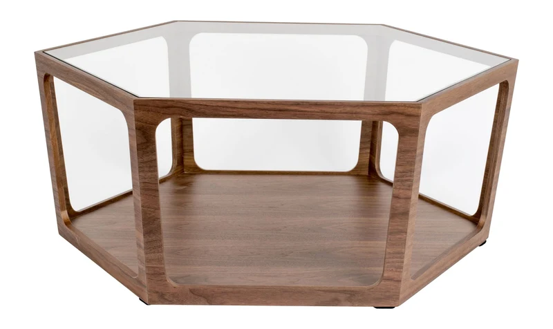 Couchtisch Sita im Vintage-Design mit Glasplatte und Nussbaumfurnier