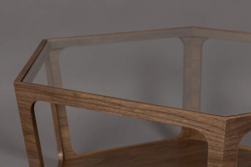 Couchtisch Sita im Vintage-Design mit Glasplatte und Nussbaumfurnier