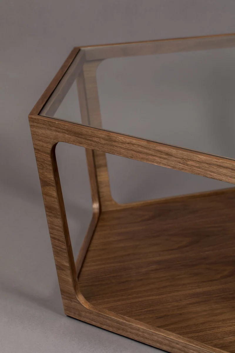Couchtisch Sita im Vintage-Design mit Glasplatte und Nussbaumfurnier