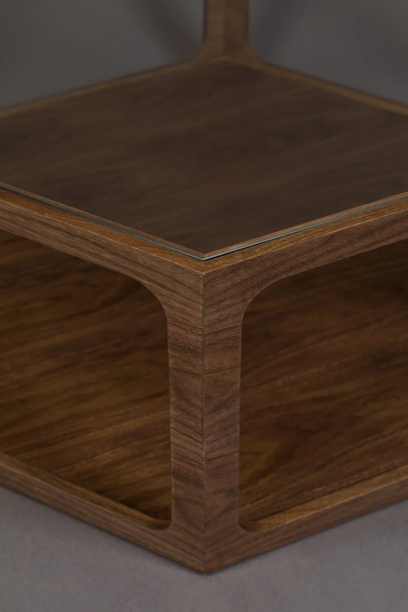 Couchtisch Sita im Vintage-Design mit Glasplatte und Nussbaumfurnier