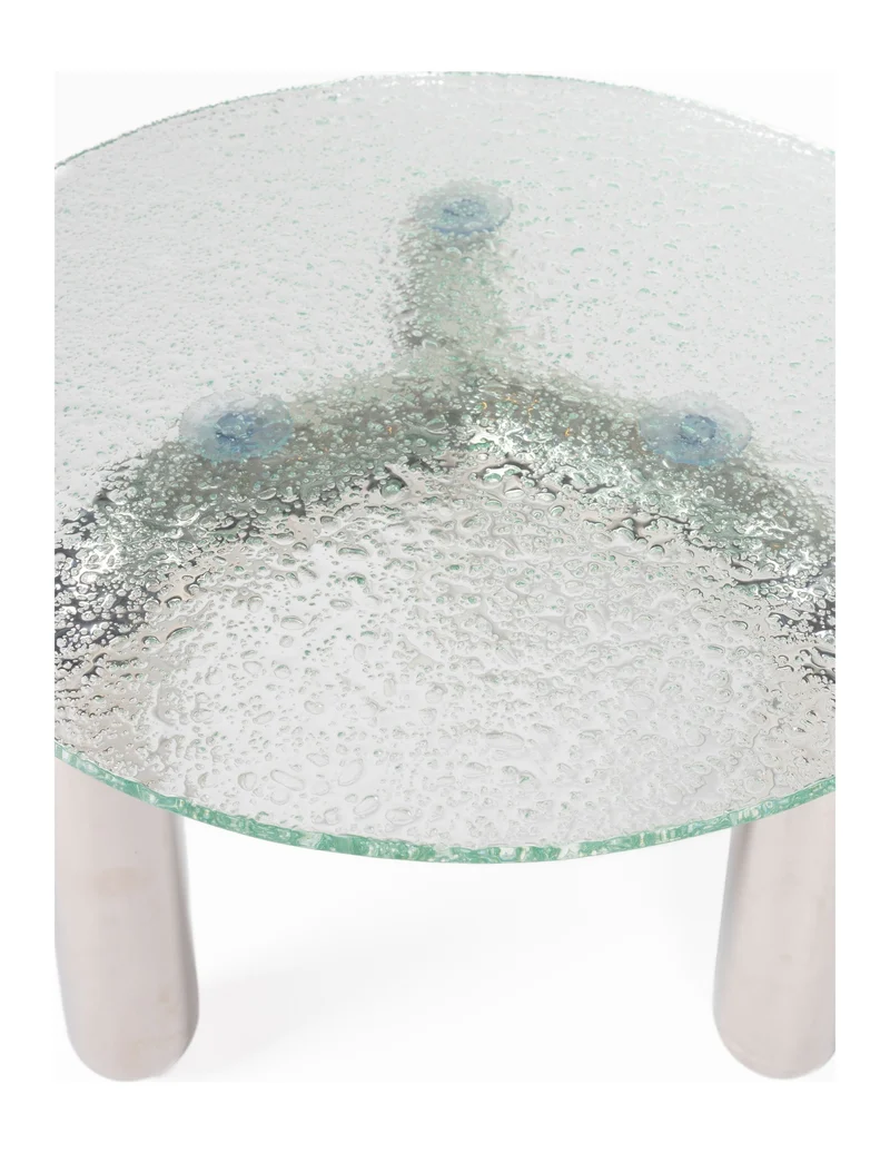 Couchtisch Marly rund, Silber mit Sicherheitsglas im Retro-Design