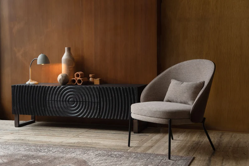 Loungesessel Rodin Beige mit Eschenholz-Gestell im Retro-Design