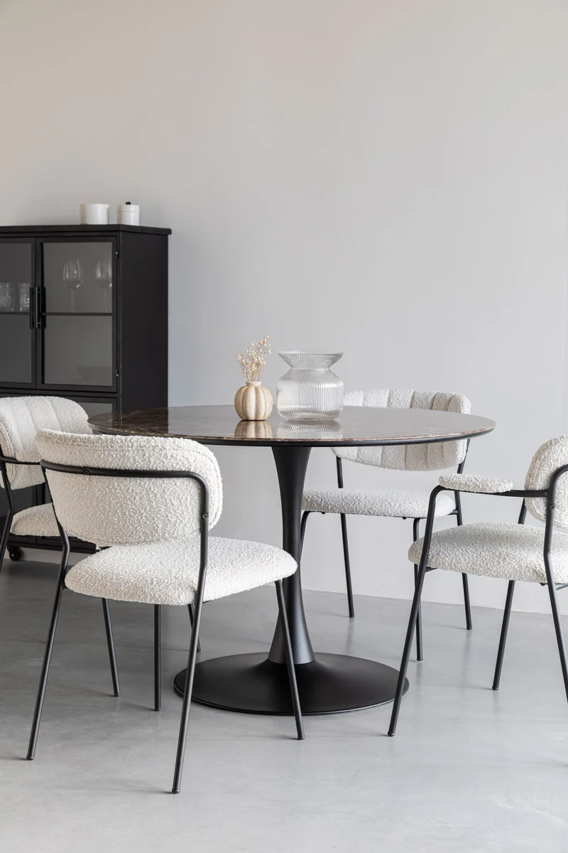 Tisch Maru rund mit Marmor-Optik und schwarzem Metallgestell, Braun