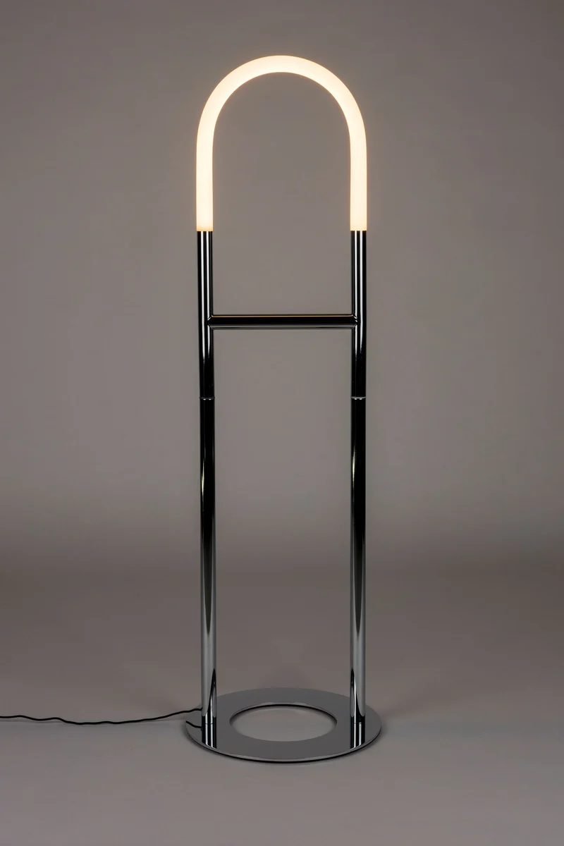 Stehlampe Arch Chrome mit Metallfuß und römischem Bogendesign