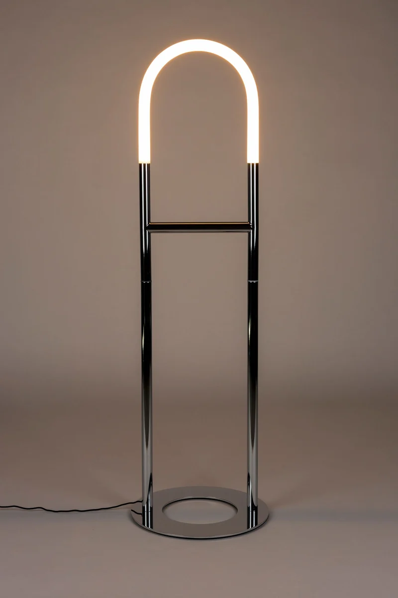 Stehlampe Arch Chrome mit Metallfuß und römischem Bogendesign