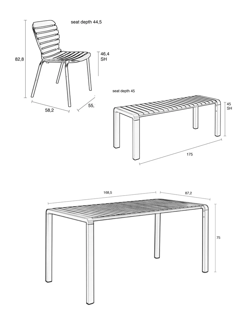 Gartenmöbel-Set Vondel mit Tisch, 2 Stühlen & Bank, Aluminium Grün