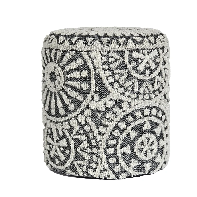 Sitzhocker rund Ø40x45cm Wolle Grau-Creme Stauraum Boho Design