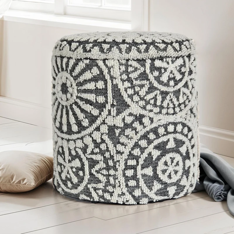 Sitzhocker rund Ø40x45cm Wolle Grau-Creme Stauraum Boho Design