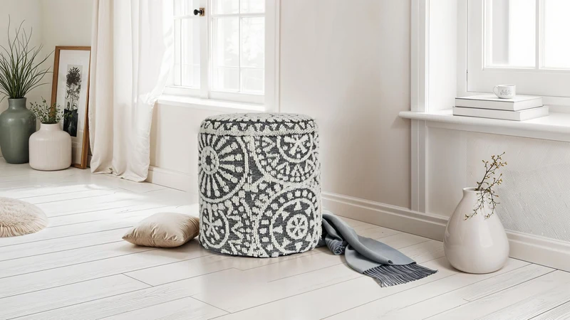 Sitzhocker rund Ø40x45cm Wolle Grau-Creme Stauraum Boho Design