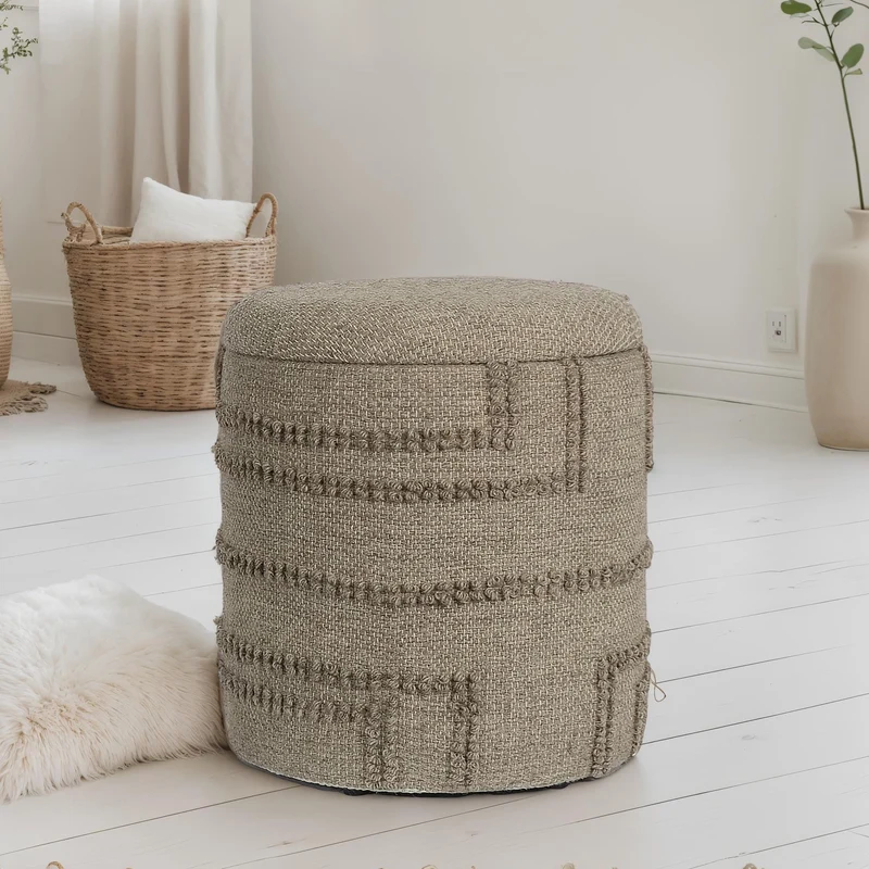 Sitzhocker rund Wolle Braun Ø40x45cm mit Stauraum Boho Design