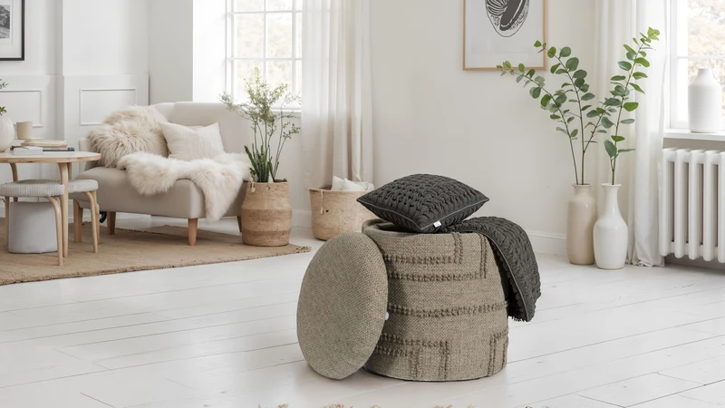 Sitzhocker rund Wolle Braun Ø40x45cm mit Stauraum Boho Design