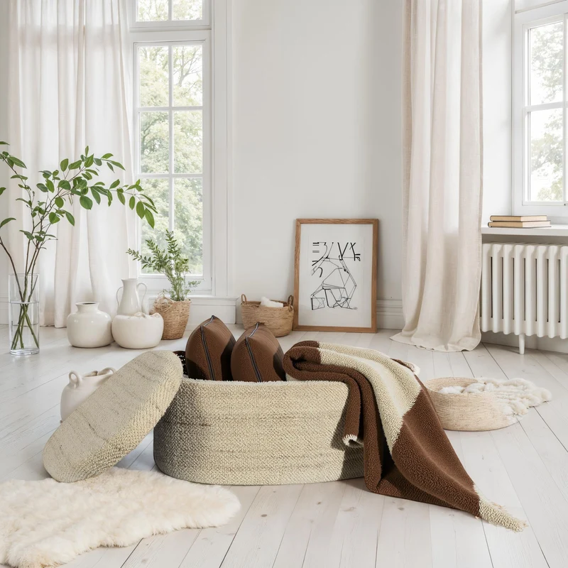Sitzhocker mit Stauraum Wolle oval 81cm Braun Polsterhocker modern