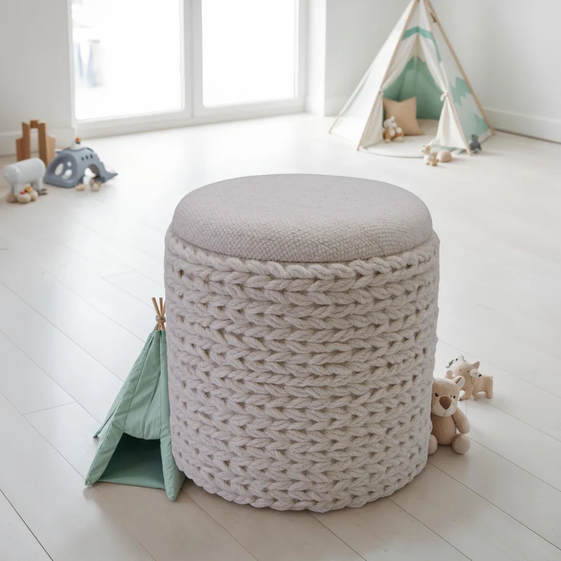 Sitzhocker Stauraum Wolle rund 40x40x45 cm Boho Stil Creme Weiß