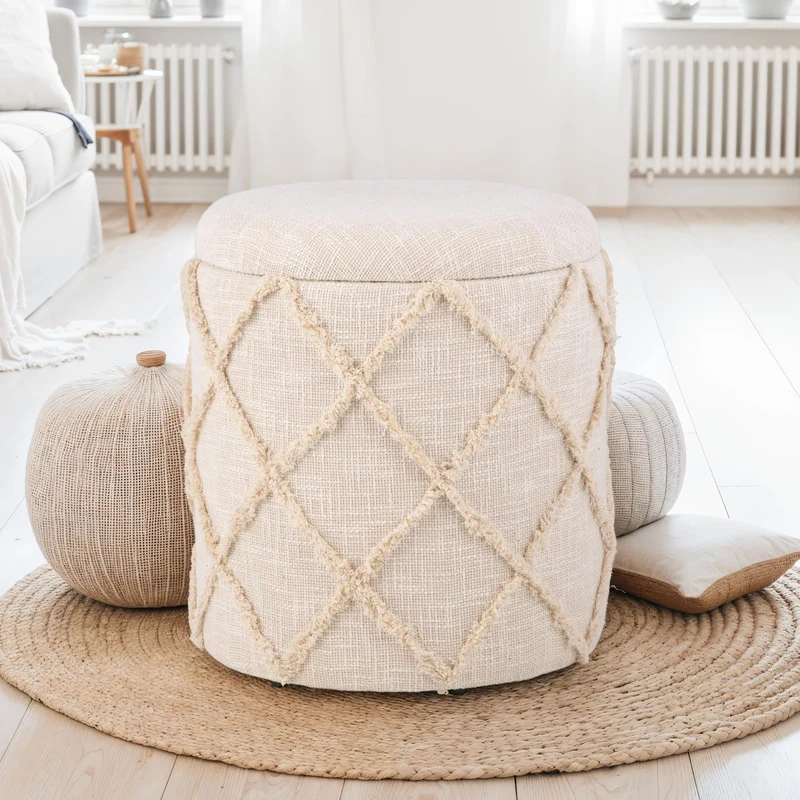Sitzhocker Stauraum 40x40x45cm Creme Baumwolle Boho abnehmbarer Deckel