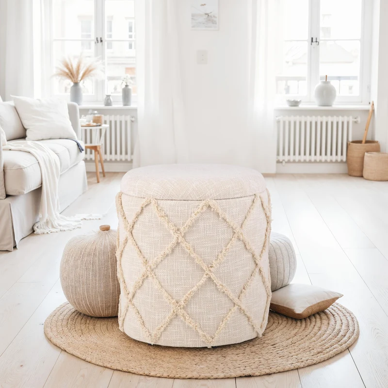 Sitzhocker Stauraum 40x40x45cm Creme Baumwolle Boho abnehmbarer Deckel