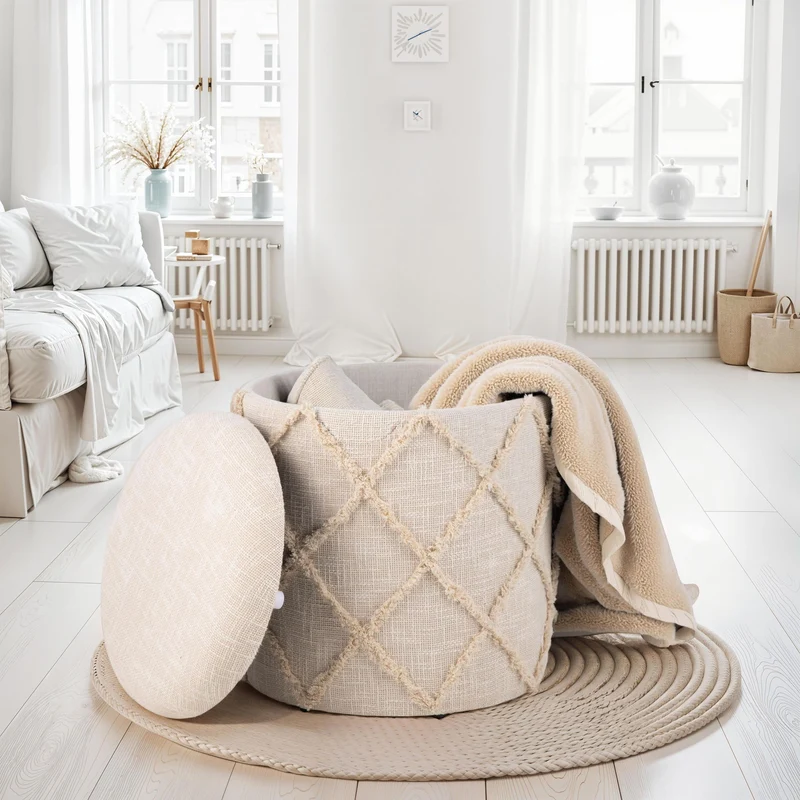 Sitzhocker Stauraum 40x40x45cm Creme Baumwolle Boho abnehmbarer Deckel