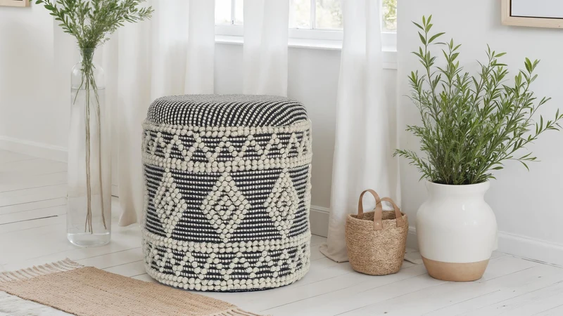 Hocker Boho Wolle Grau-Creme Ø40x45cm mit Stauraum abnehmbarer Deckel