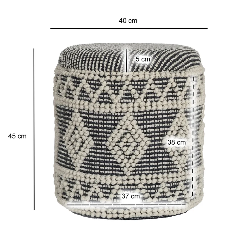Hocker Boho Wolle Grau-Creme Ø40x45cm mit Stauraum abnehmbarer Deckel