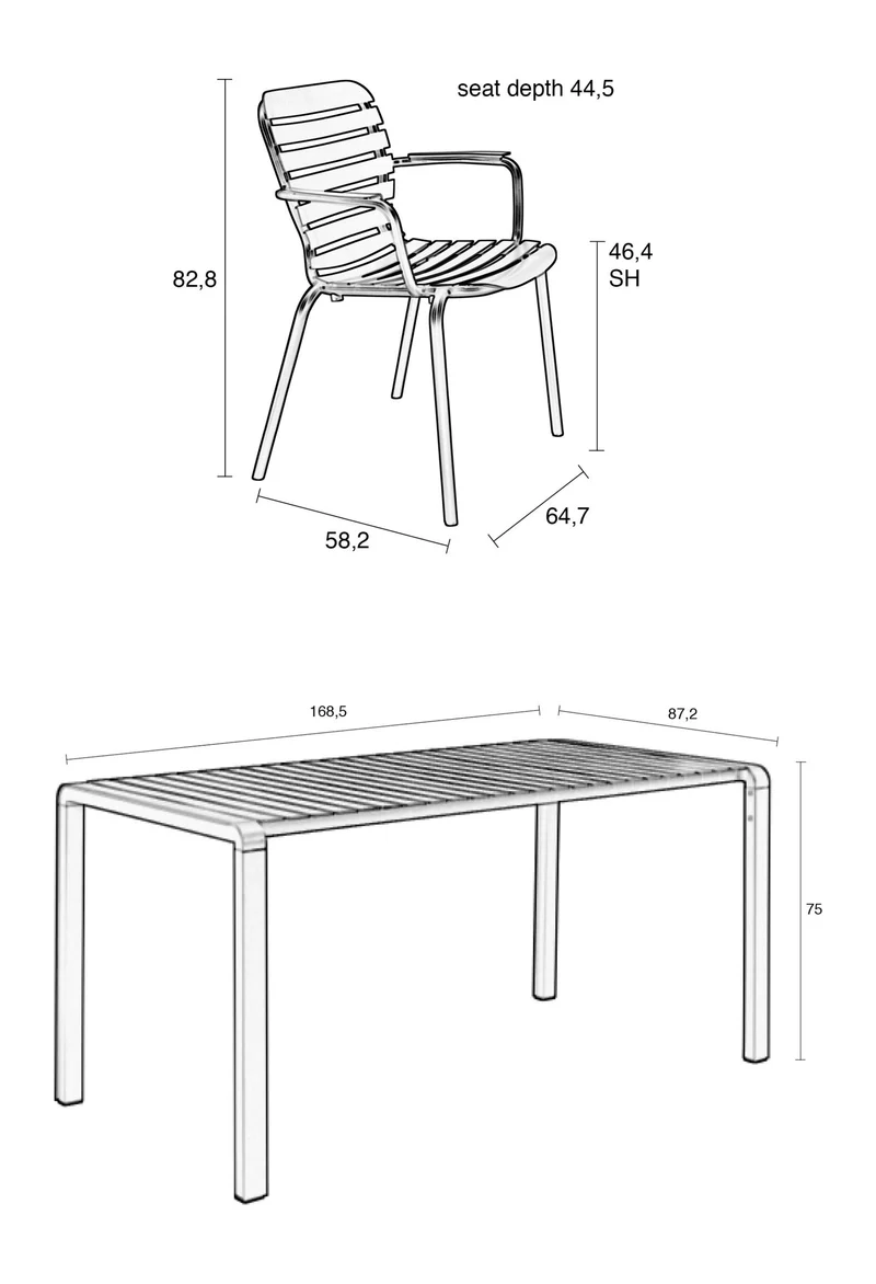 Gartenmöbel-Set Vondel, Tisch mit 4 Armlehnstühlen aus Aluminium, Weiß