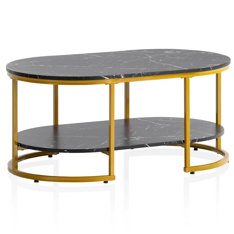 Couchtisch 100x60x45cm Marmoroptik Schwarz Gold Metallgestell Modern