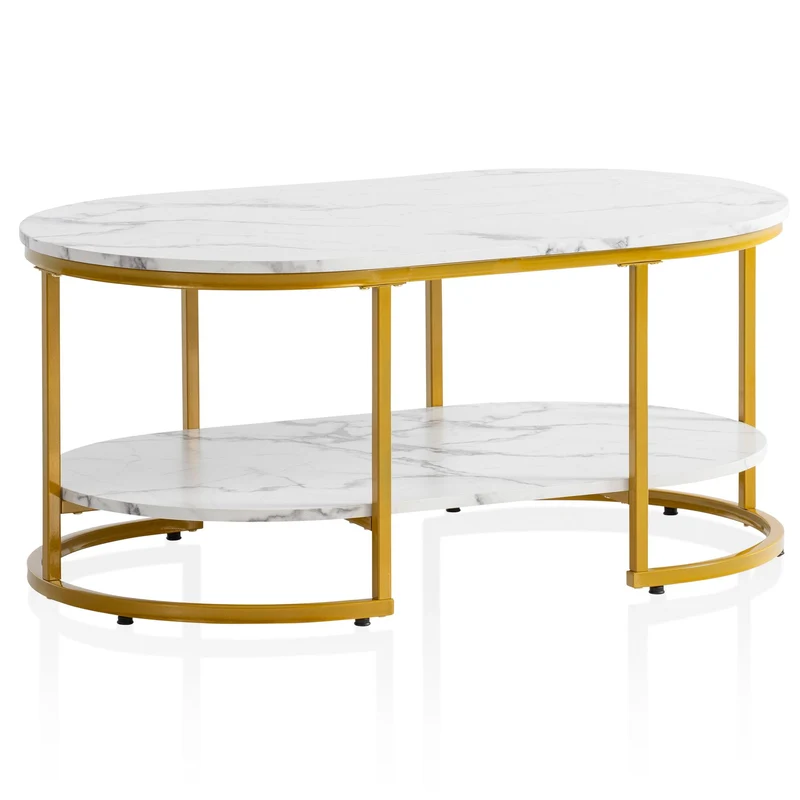 Couchtisch 100x60x45cm Marmoroptik Weiß Metallgestell Gold Ablage Modern