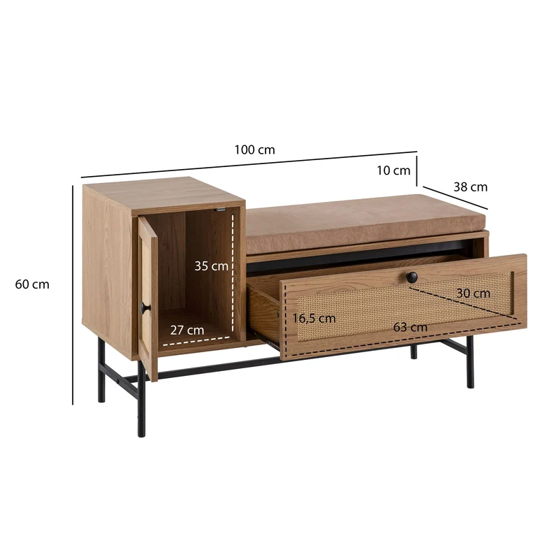 Schuhbank Eiche-Dekor Rattan gepolstert Stauraum Schublade Tür 100x60x38cm