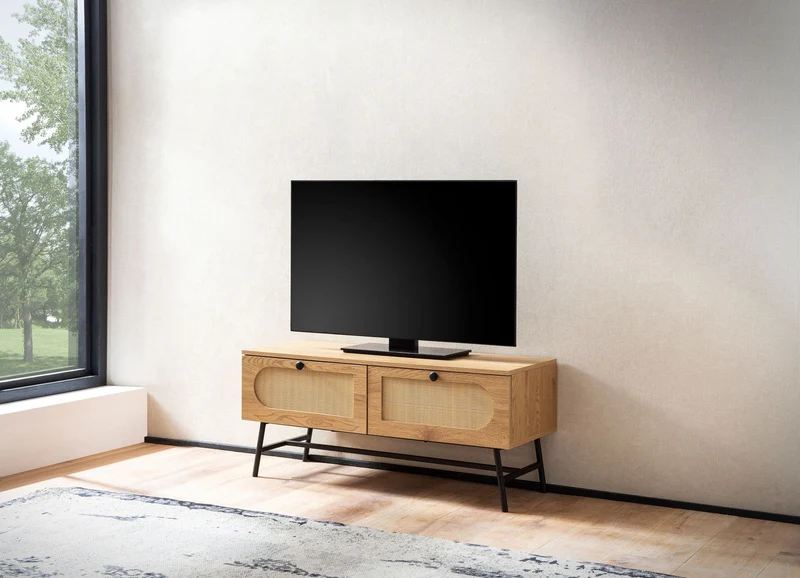 Lowboard TV-Kommode 100x45x40cm Eiche-Dekor Rattan Schubladen Wohnzimmer