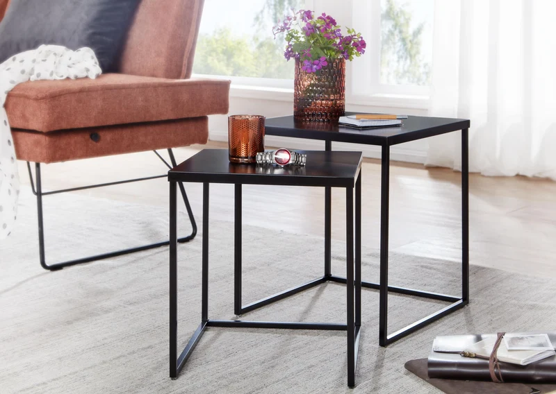 Beistelltisch 2er Set Metall Schwarz Industrial Design Sofatisch Quadratisch
