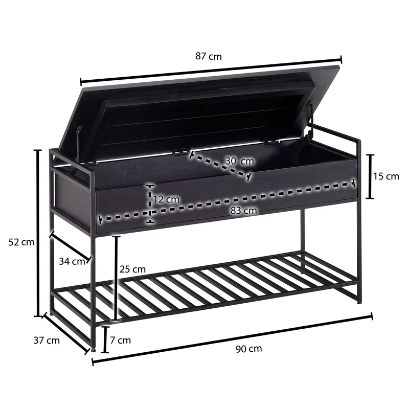 Sitzbank mit Stauraum Mango Massivholz Metall Schwarz 90x52x38 cm