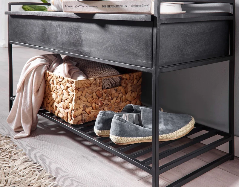 Sitzbank mit Stauraum Mango Massivholz Metall Schwarz 90x52x38 cm