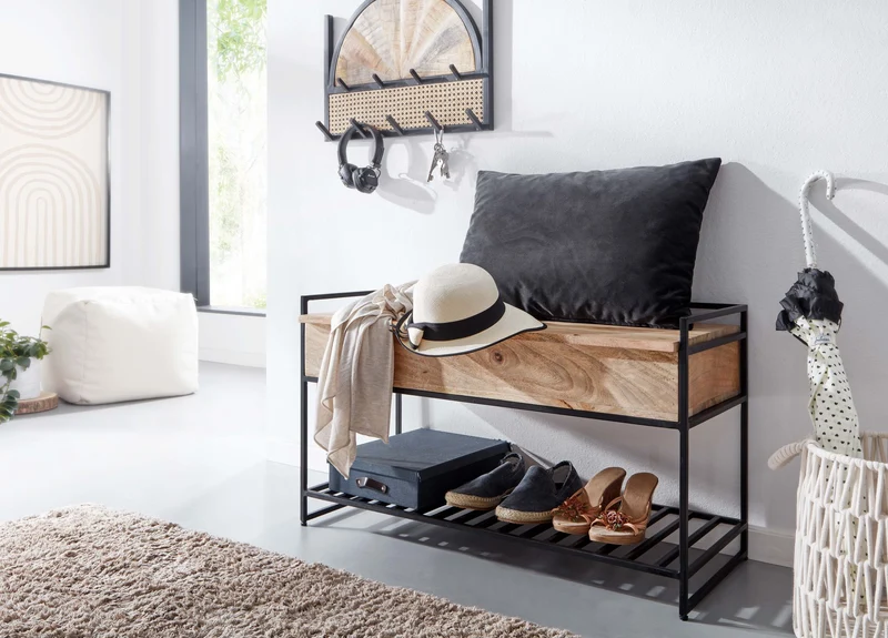 Sitzbank mit Stauraum 90x52x38cm Mango Massivholz Metall Braun