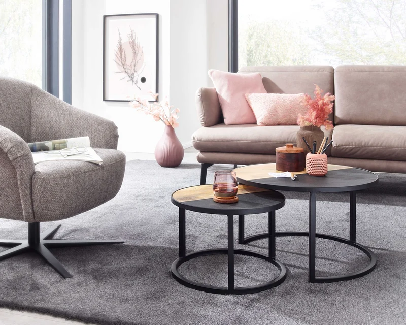 Couchtisch 2er Set Mango Massivholz Steinoptik Rund Modern Metall