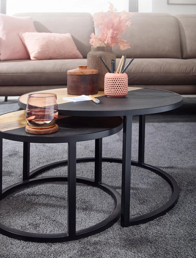 Couchtisch 2er Set Mango Massivholz Steinoptik Rund Modern Metall