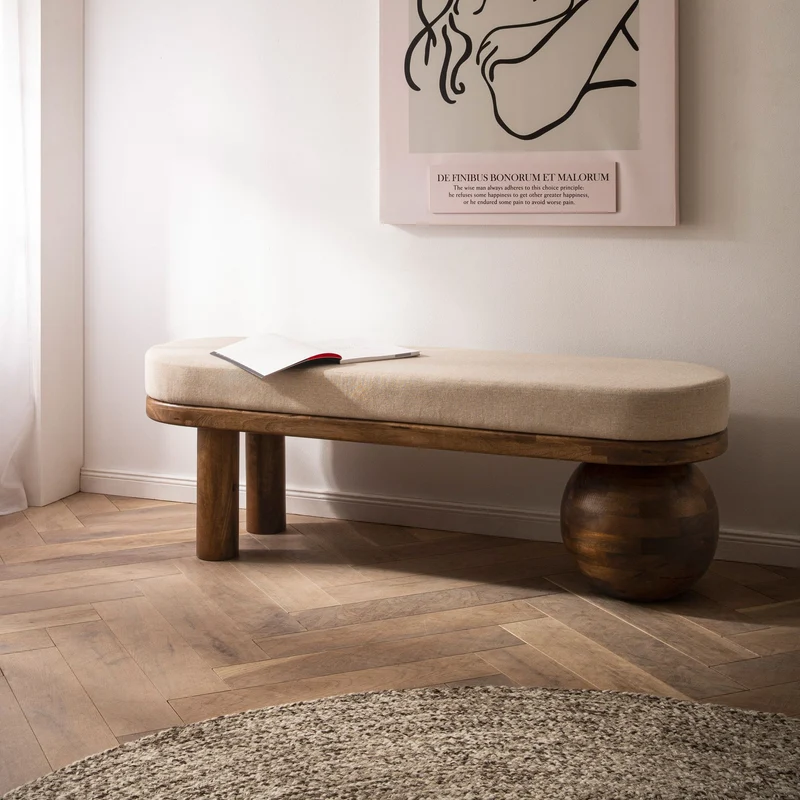 Sitzbank Mango Massivholz 140cm Polster Beige Modern Flur