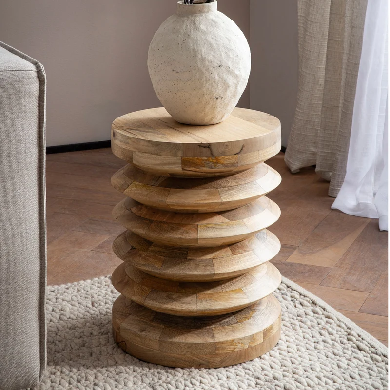 Beistelltisch Mango Massivholz Natur 35x35x45cm Rund Modern Hellbraun