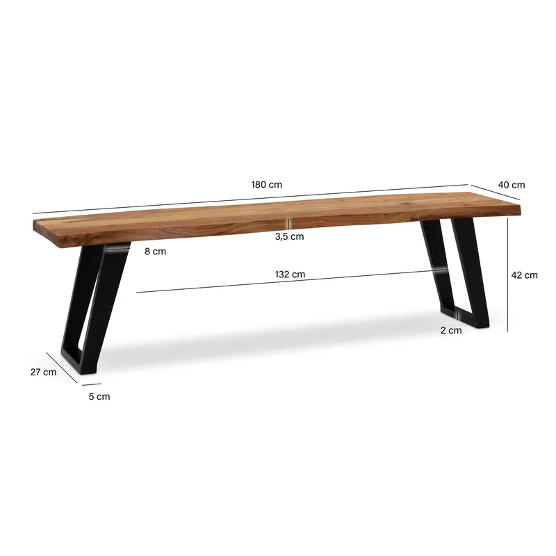 Esszimmerbank 180cm Akazie Massivholz Metall Baumkante U-Beine Modern