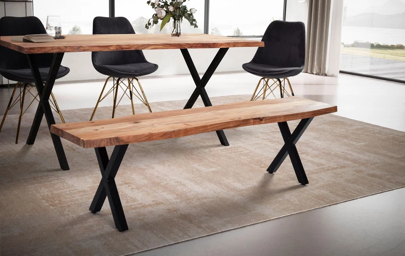 Esszimmerbank 180cm Akazie Massivholz Metall Baumkante X-Beine Modern