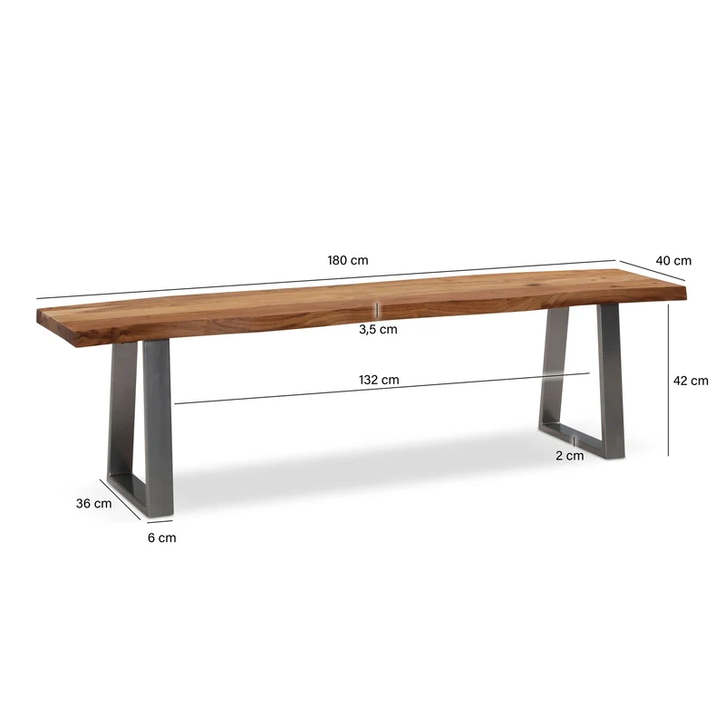 Esszimmerbank 180x40 Akazie Massivholz Metall Baumkante Modern