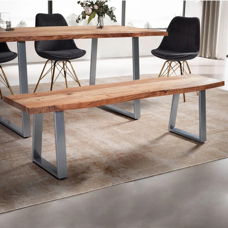 Esszimmerbank 140x40x45 cm Akazie Massivholz Metall Baumkante Modern