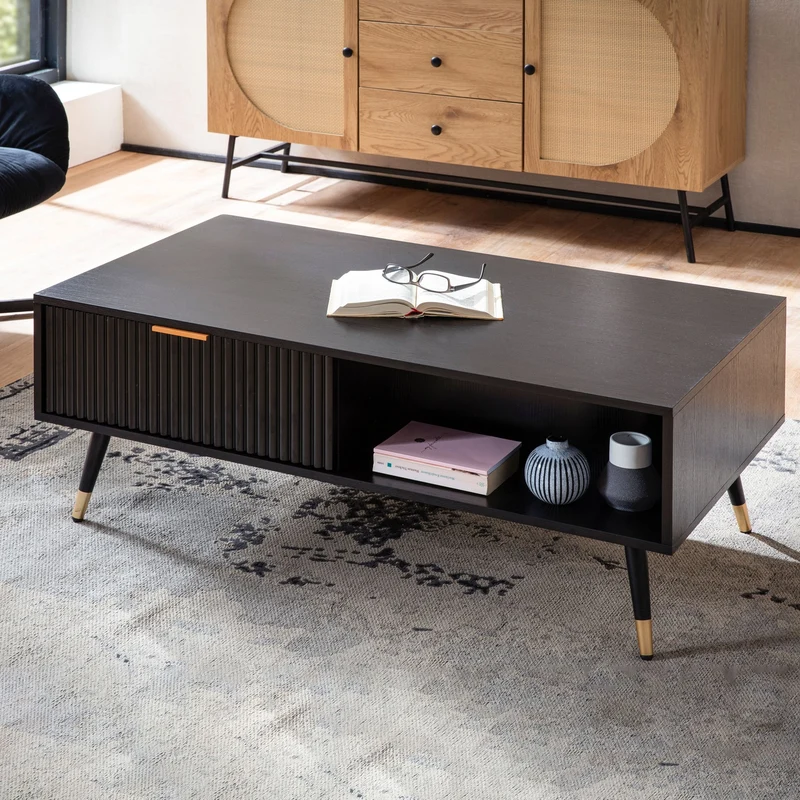 Couchtisch 110x60x43cm Schwarz Eiche-Dekor Rechteckig mit Stauraum